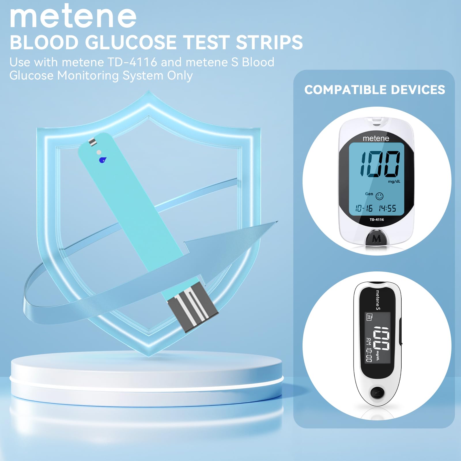 Metene TD-4116 Blood Glucose Test Strips, 100 Count Blood Sugar Test Strips for Diabetes, Use with metene TD-4116 and metene S Blood Glucose Monitoring System Only(No Monitor)
