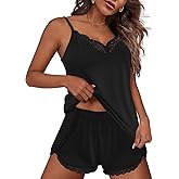Ekouaer Pajama Sets for Women Lingerie Sleepwear 2 Piece Cami Split Short Set V Neck Lace Pjs