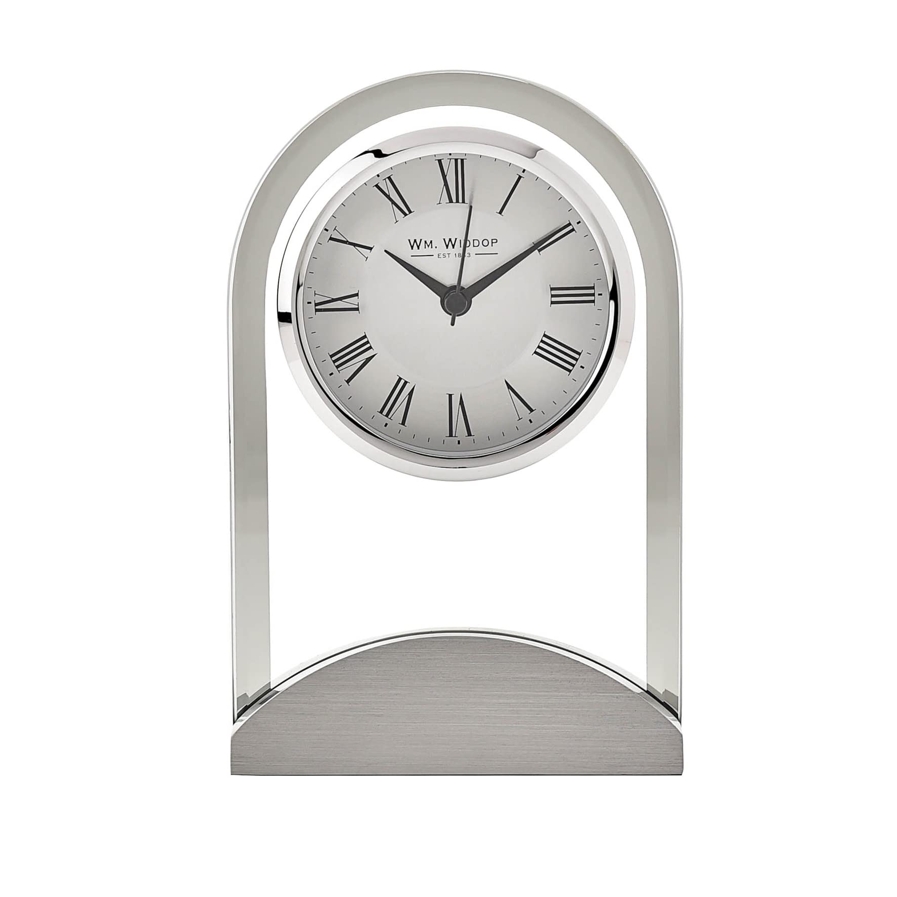 Wm Widdop Arched Glass Silver Effect Mantel Clock