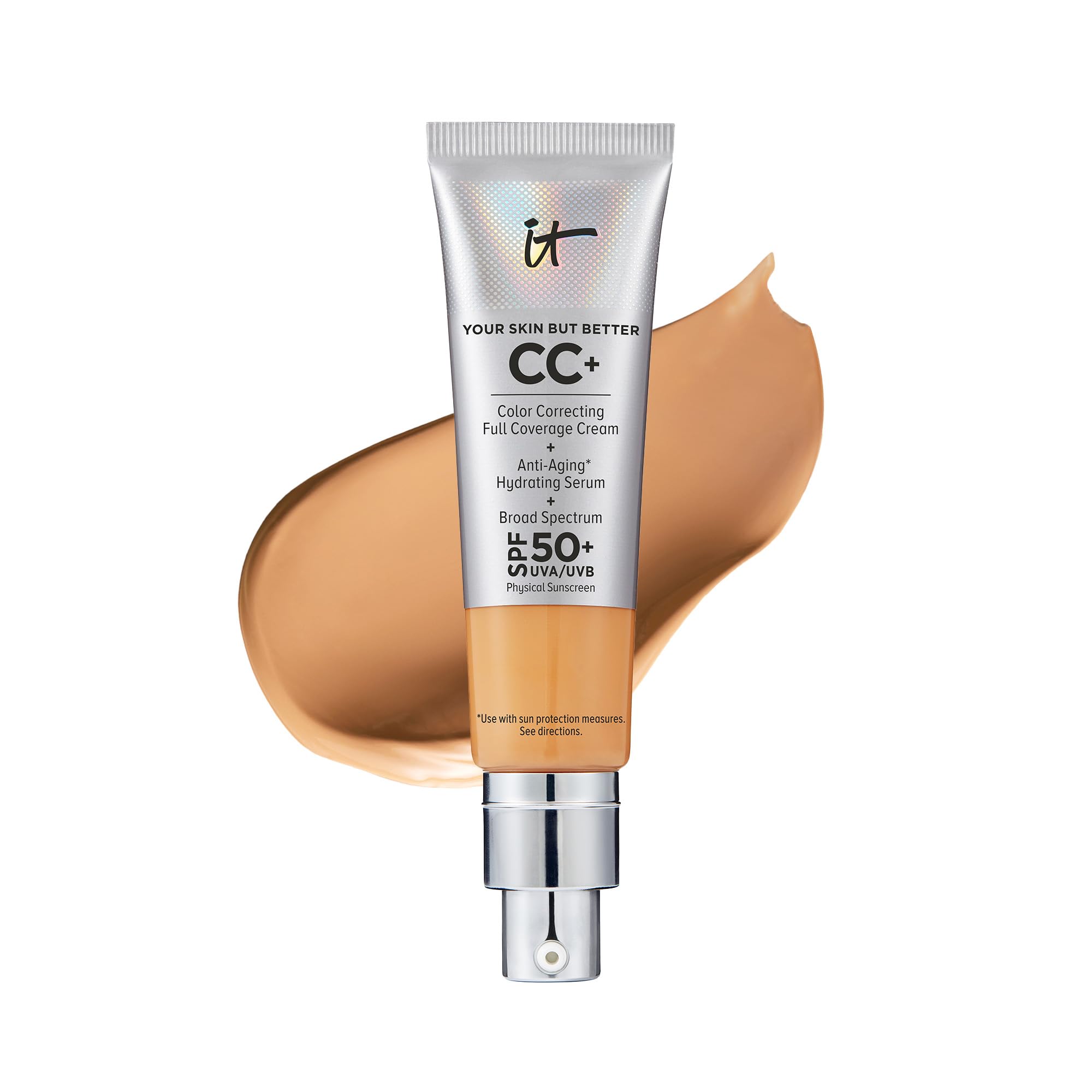 IT Cosmetics CC+ Cream - Natural Full Coverage Foundation With SPF 50+, Color Corrector & Anti-Aging Hydrating Serum, Hyaluronic Acid + Peptides, Lightweight Up To 24H Wear, All Skin Types- 1.08 fl oz