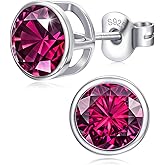 925 Sterling Silver Bezel Set Birthstone Stud Earrings, Snag Free Round Solitaire CZ Earrings for Sensitive Ears, Hypoallergenic Minimalist Stacking Birthday Valentine Jewelry Gifts for Women Men