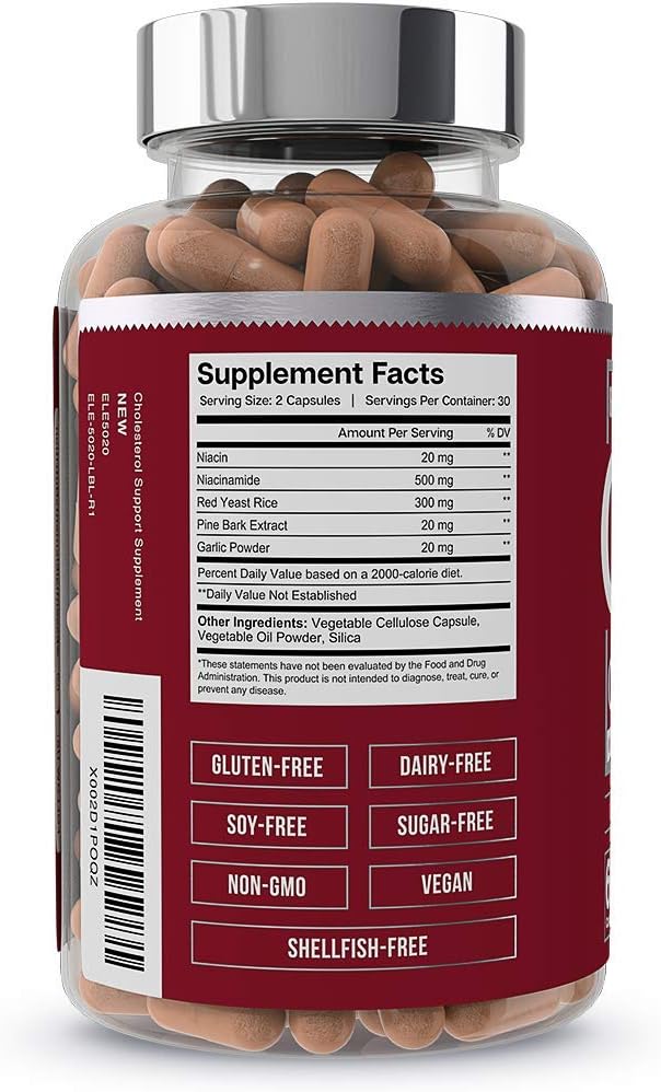 Cholesterol Support Supplement - for Heart Health with Red Yeast Rice, Garlic, Niacinamide | CholestAid by Essential Elements | 60 Capsules: Health & Personal Care