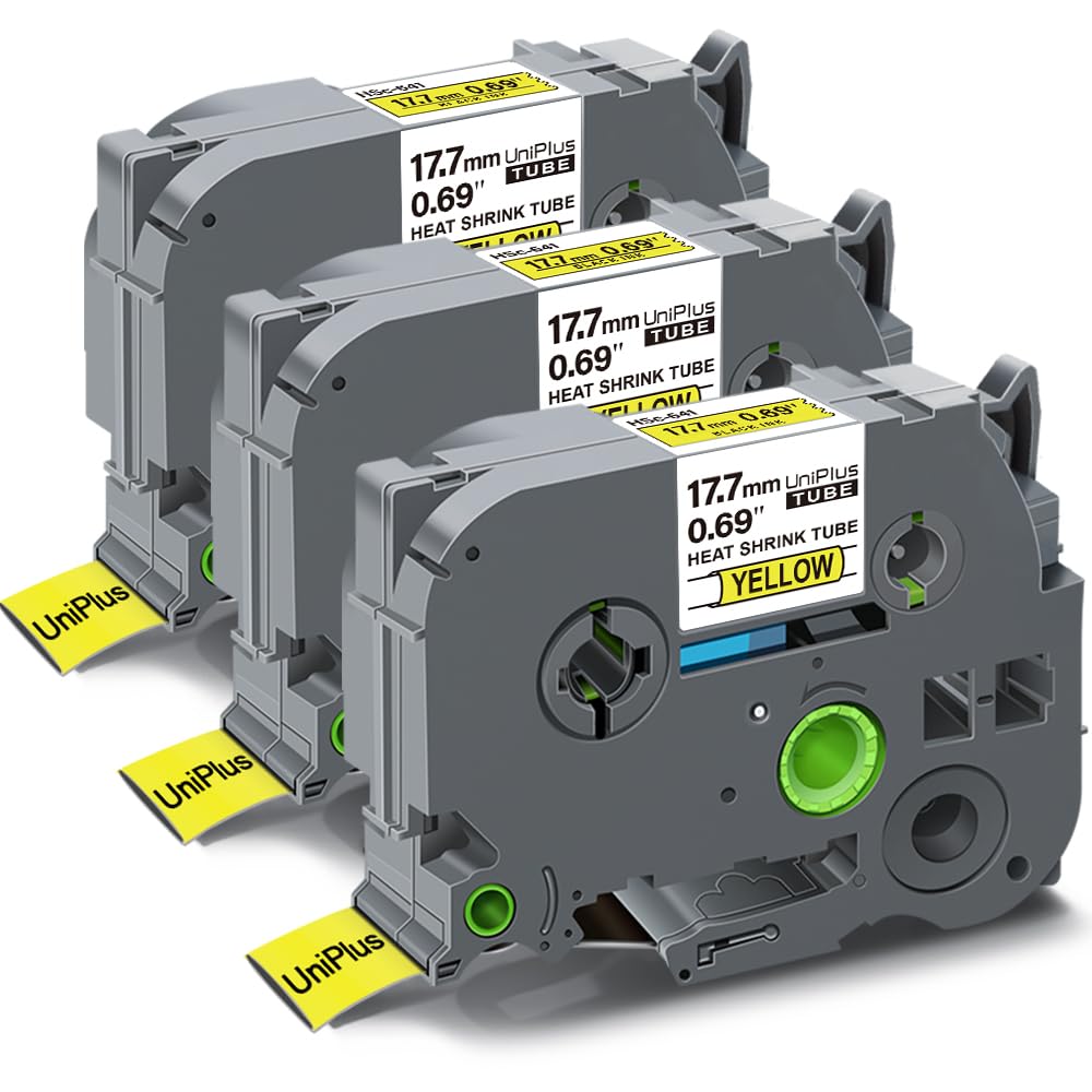 UniPlus 3 x Shrink Label Compatible with Brother P Touch HSe-641 HSe641 HS641 Heat Shrink Tubes Black on Yellow 17.7 mm x 1.5 m for Brother PT-E550WVP PT-E300 PT-D210VP 600VP P750W P950NW H300