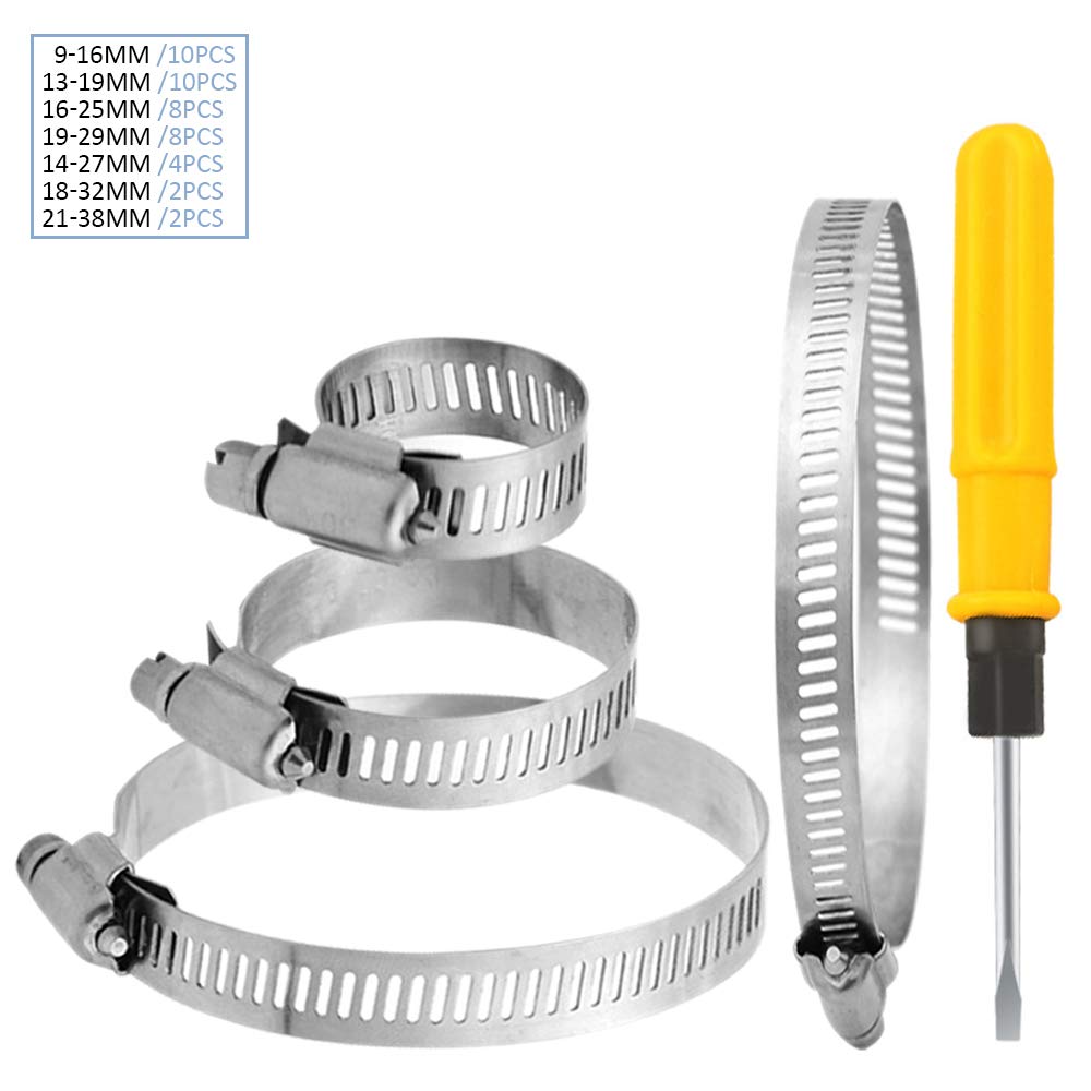YOFASEN 44pcs Hose Clamp Tool Clips - Adjustable Hose Clips 9-38mm Range Stainless Steel Worm Drive Hose Clamps Clips with Screwdriver for Home Gas Pipe