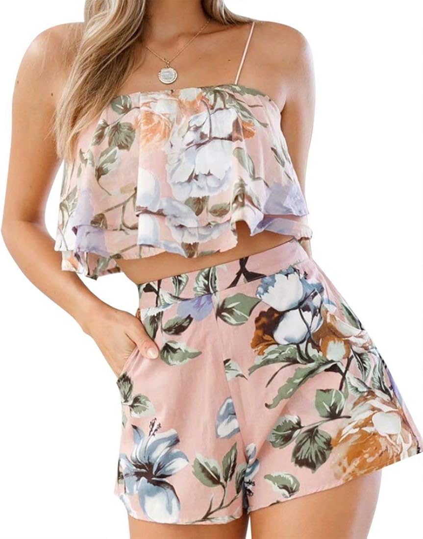Nanyua Women Rompers Floral Print Crop Tops Shorts Two Piece Outfits Beach Jumpsuit