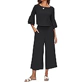 ROYLAMP Women's Summer 2 Piece Outfits Bell Sleeve Round Neck Crop Top Wide Leg Pants Set Matching Lounge Set with pockets