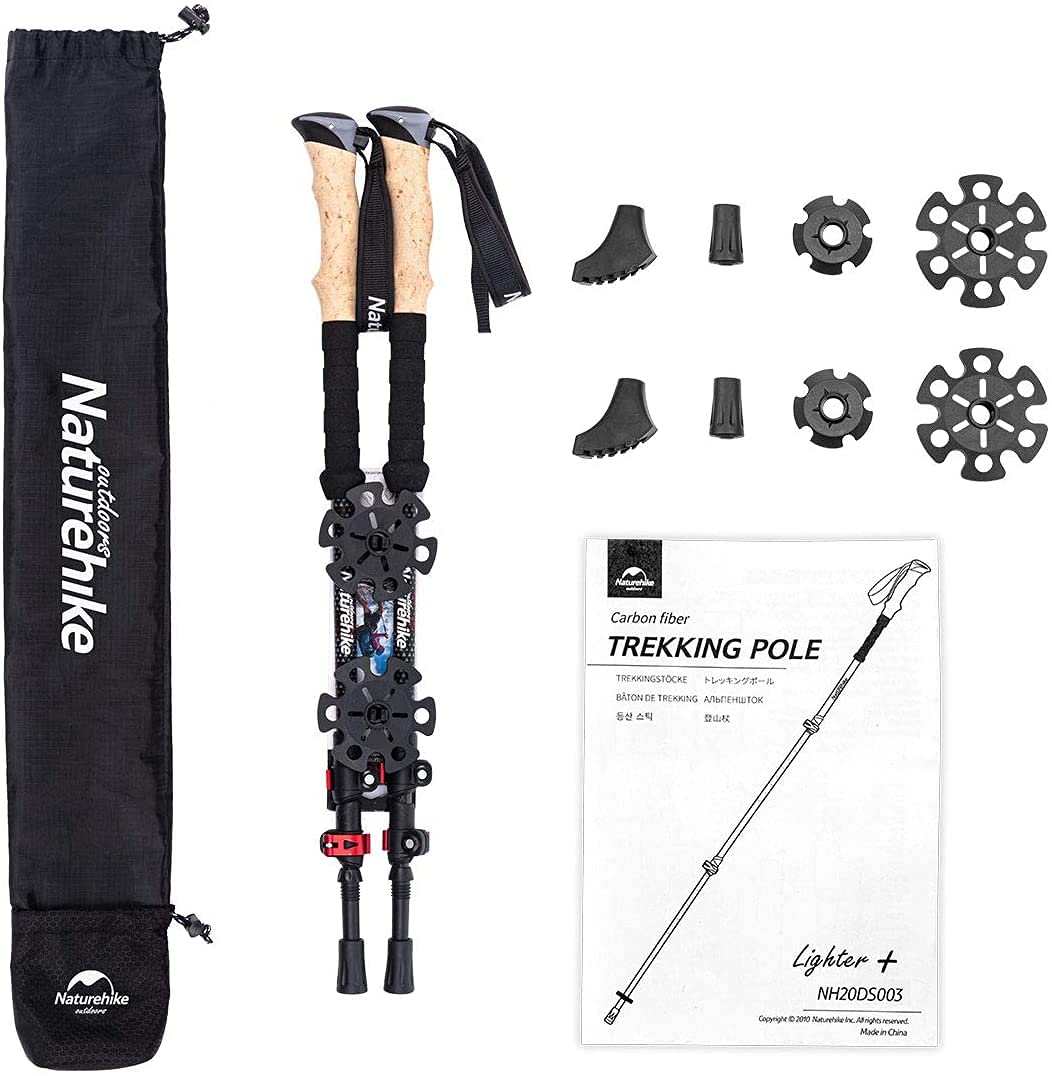 Naturehike Carbon Fiber Trekking Poles Collapsible and Telescopic Walking Sticks with Natural Cork Handle and Extended EVA Grips Ultralight Nordic Hiking Poles for Backpacking Camping (2 Packs)
