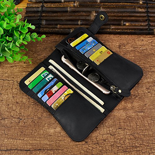 Le'aokuu Mens Genuine Leather Bifold Wallet Organizer Checkbook Iron Chain (The Black)