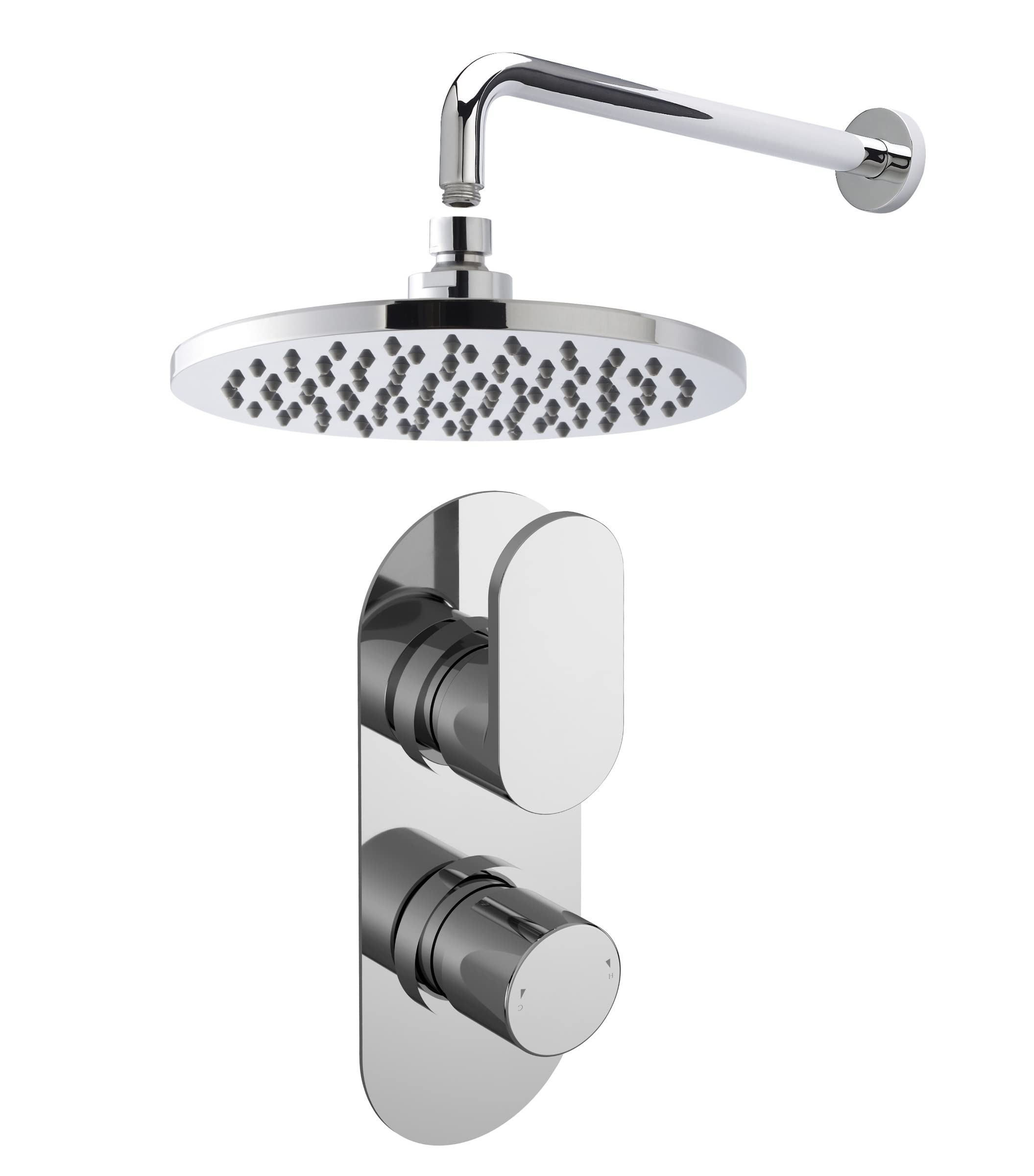 Nuie SBR13TW1 Bundle Modern Bathroom Twin Thermostatic Binsey Valve Wall Mounted Arm and Round Fixed Shower Head, Chrome