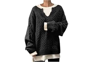 JOAU Women's Notched V Neck Pullover Jumpers Tops Fashion Casual Fall Winter Cable Knitted Long Sleeve Chunky Sweaters