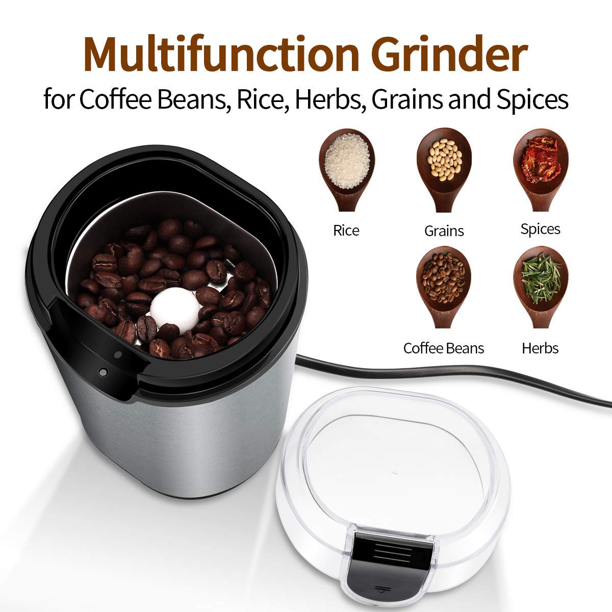 Molinillo de Café Eléctrico, Molinillo de Semillas Especias Frutos Secos con Cuchillas Acero Inoxidable de 150W Potencia Acero Inoxidable Viene con Cepillo para Limpieza, disfrute extraordinaria