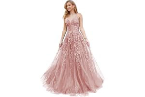 PEIYJYUSP Glitter Tulle Prom Dresses Long Ball Gown Lace Appliques V Neck Prom Dress for Women Formal Evening Party Gown