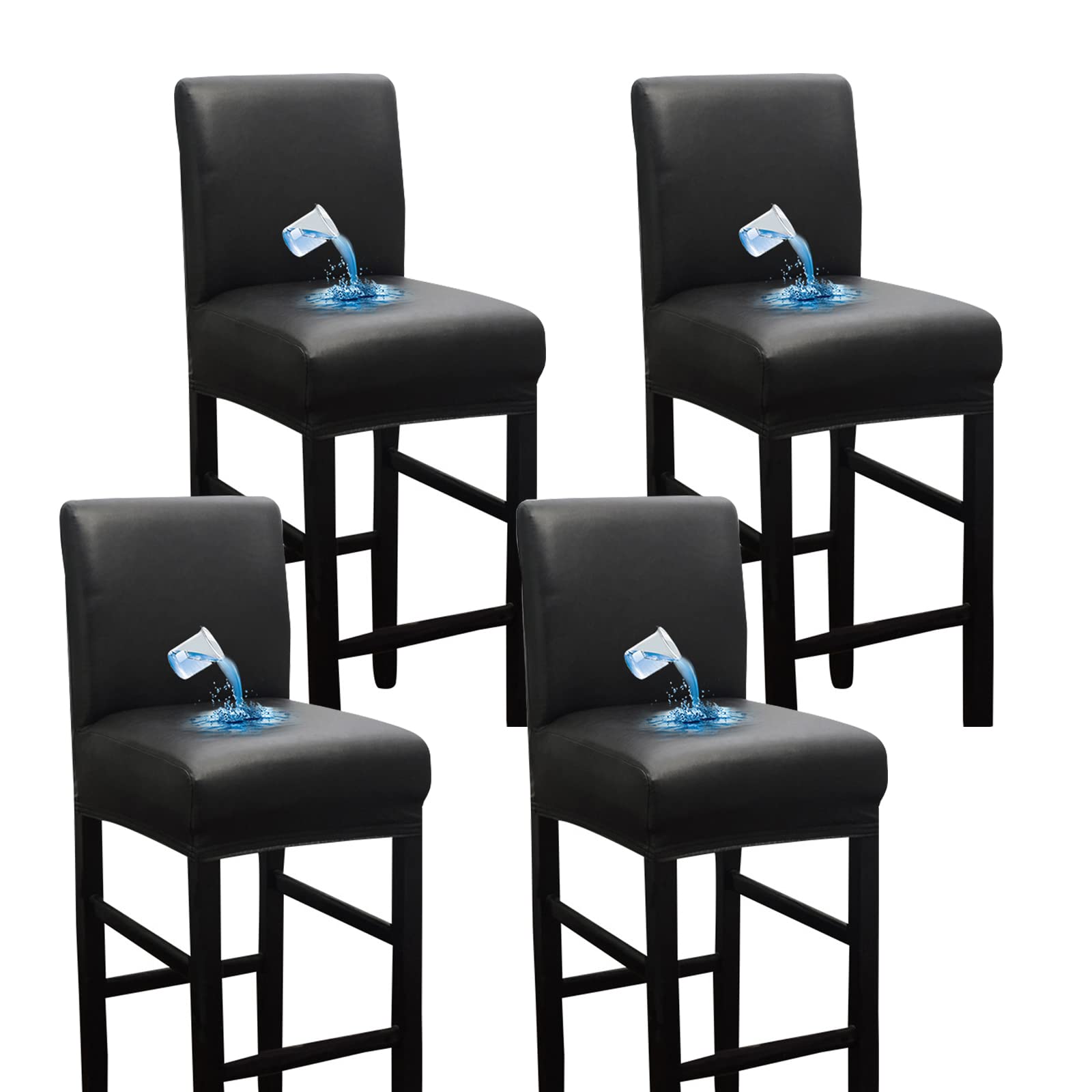 Bestenrose Waterproof Bar Stool Chair Covers Set of 4 PU Leather Dining Chair Cover for Home Kitchen Removable Chair Seat Cover Slipcover with Backs Protector Chair Cover (4, Black)