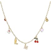 Korotho Initial Cowgirl Charm Necklaces for Women, 14K Gold Plated Dainty Western Cowgirl Cherry Heart Necklace Summer Beach Letter A-Z Choker Necklace Personalized Monogram Name Necklace for Her