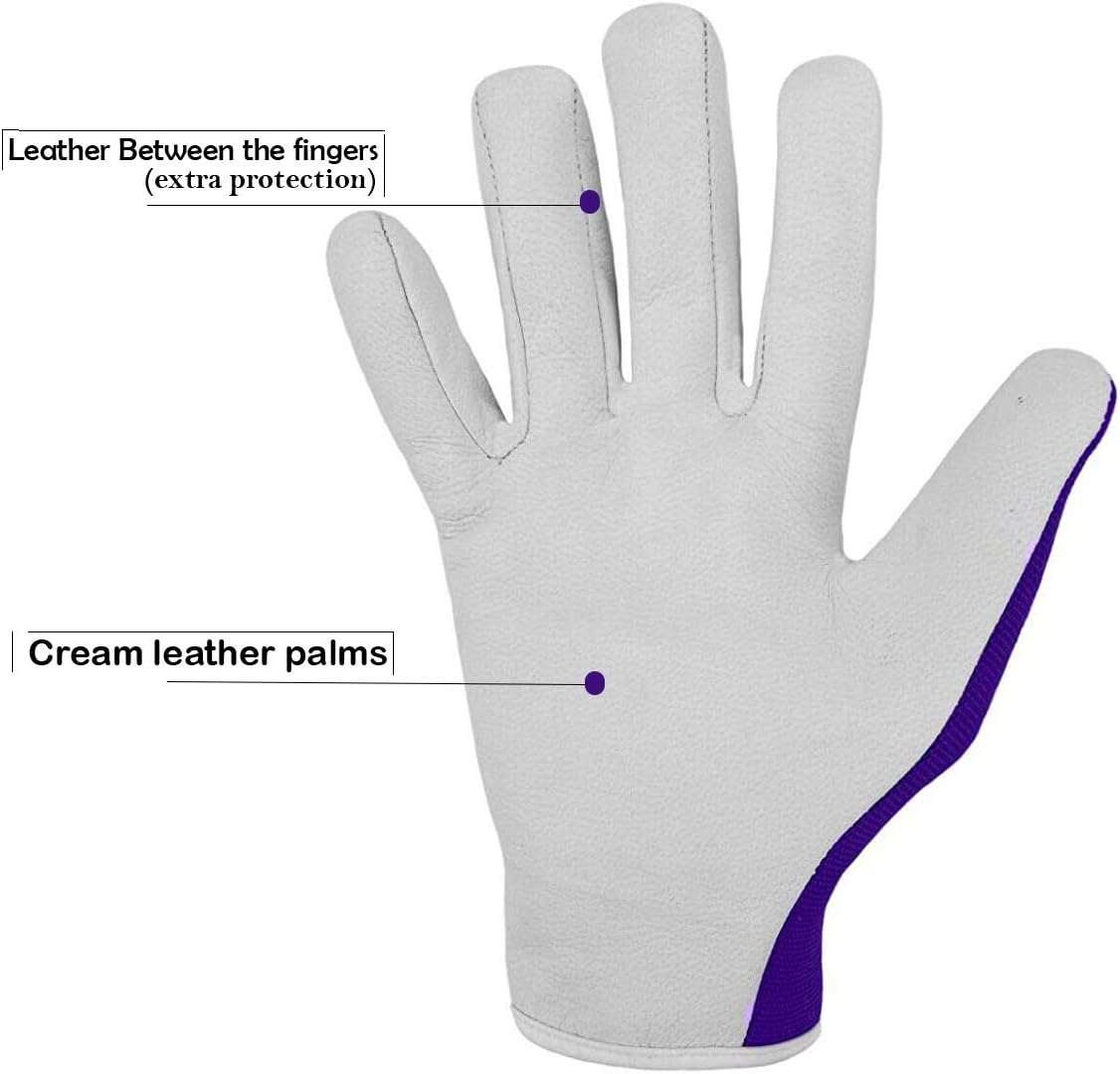 Ladies/Mens Leather Gardening Gloves Thorn Proof Garden work gloves with Goatskin Leather Breathable Spandex Back (Medium, Purple): Clothing