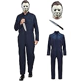 FGHJKL Adult Navy Blue Jumpsuit Coveralls with Mask And Classic Knife for Halloween Cosplay