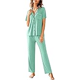 Avidlove Women Pajamas Set Notch Collar Soft Sleepwear Pjs Short Sleeve Button Down Nightwear with Long Pants