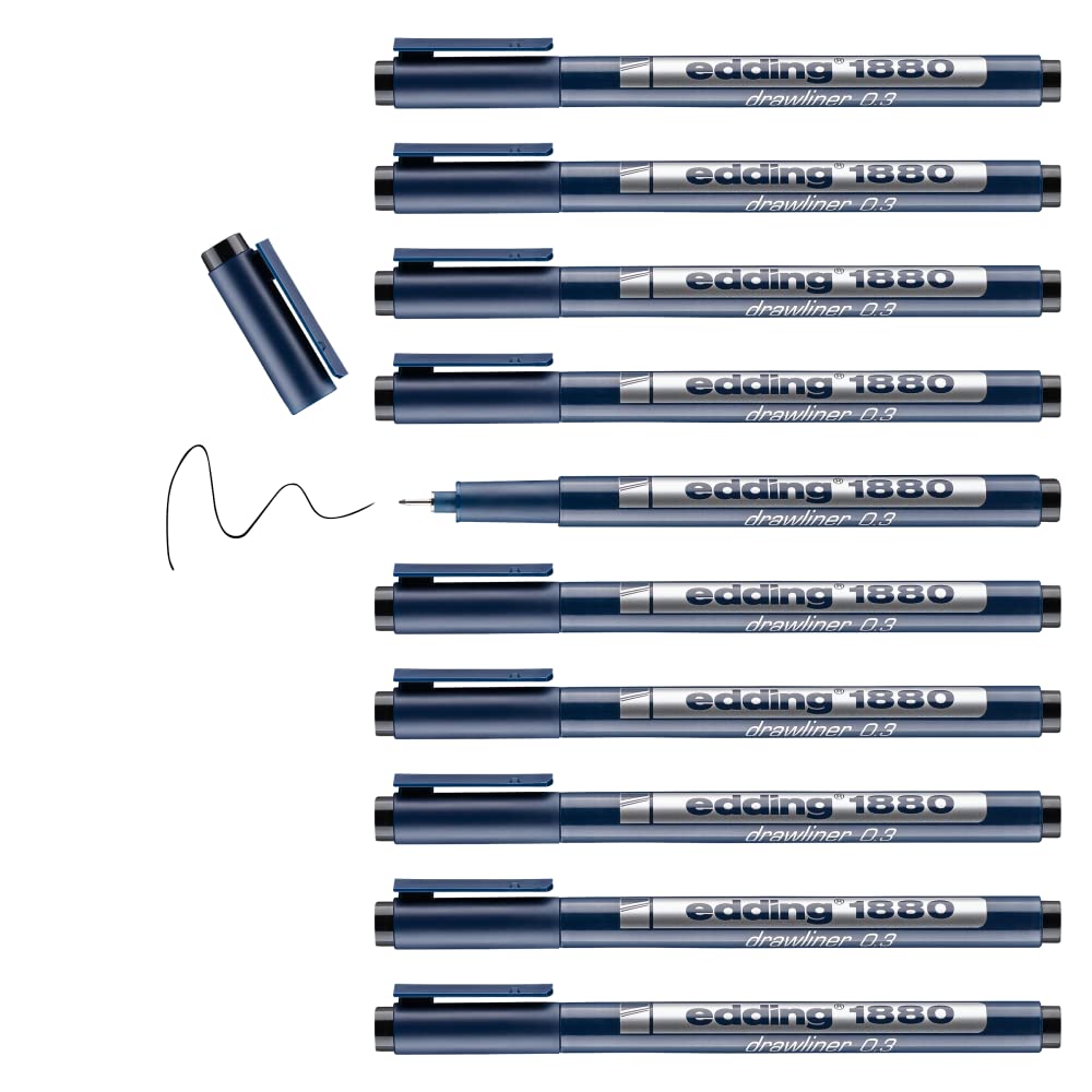 edding 1880 profipen - black - 10 pens - line width 0.35 mm - fineliner pen for precise writing, sketching and technical drawing - fine, metal-encased nib - suitable for use with rulers and stencils