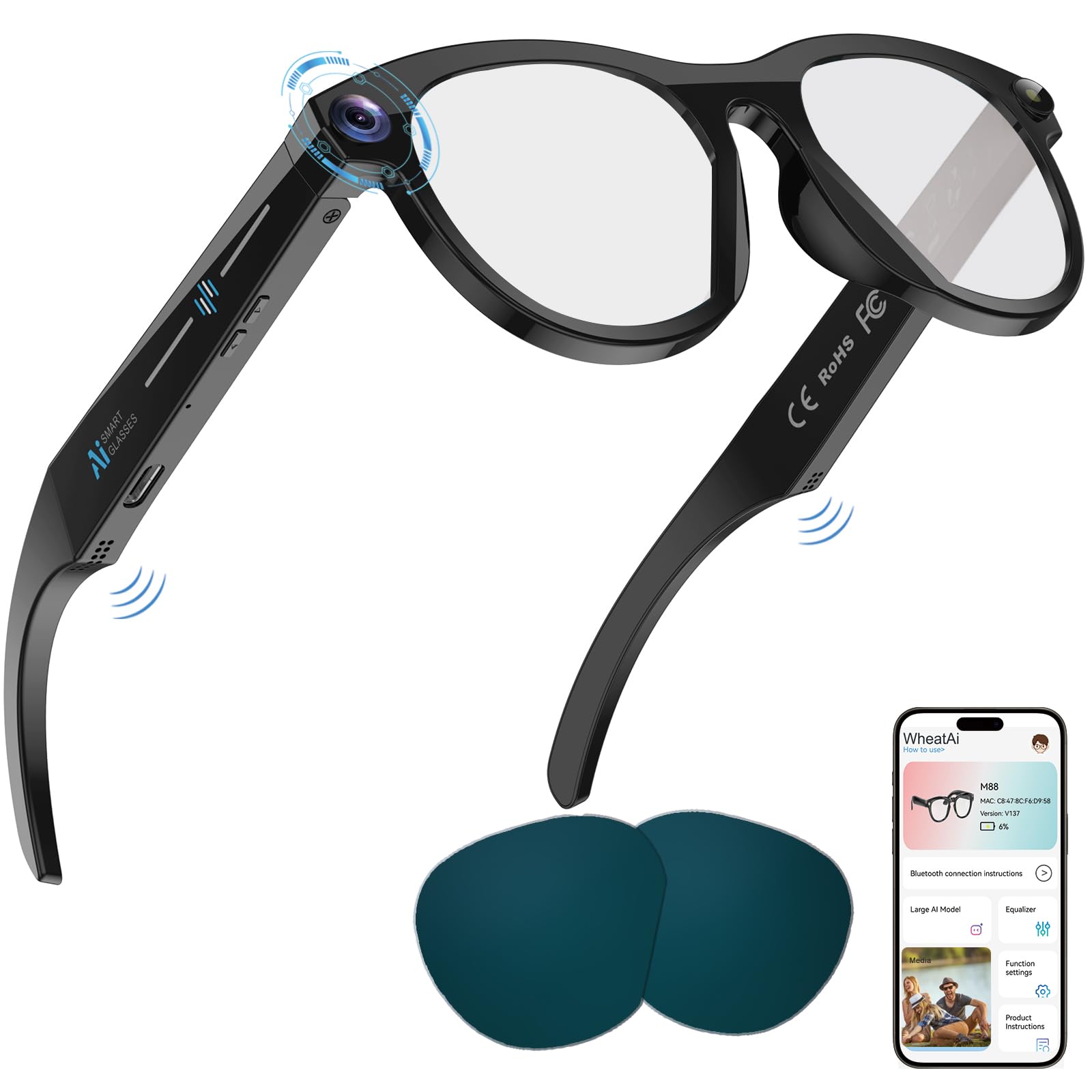 Photo 1 of Lixeszt Smart Glasses with Camera AI Glasses Bluetooth Glasses Replaceable Lenses?48H Battery for Travel, Conferences & Vlogging. Translation, Voice Control & Object Recognition (Black)