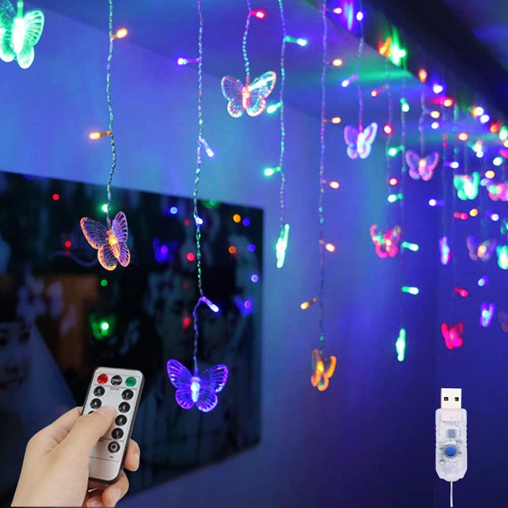 YOLIGHT Butterfly Curtain Lights 4m 96 LED Fairy Lights 8 Modes with Remote Control, Hanging Butterfly String Lights for Room Girls Garden Ceiling Wall Party Wedding Christmas Decoration(Multicolor)