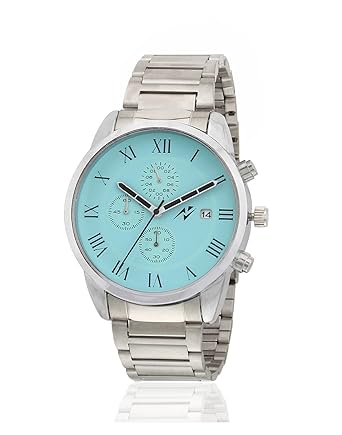 Analogue Blue and Grey Dial Mens Watch with Stainless Steel Chain