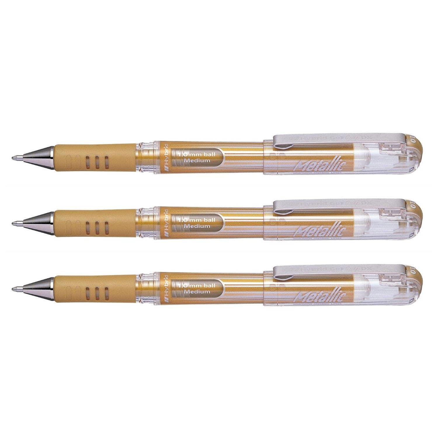 Pentel Hybrid Gel Grip Metallic Rollerball Pen - 1.0mm - Gold Ink - Pack of 3