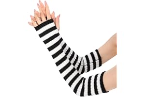 Sumleno Long Fingerless Gloves Knitted Y2k Striped Arm Warmers for Women Girls Punk Gothic Emo Scene Grunge Accessories
