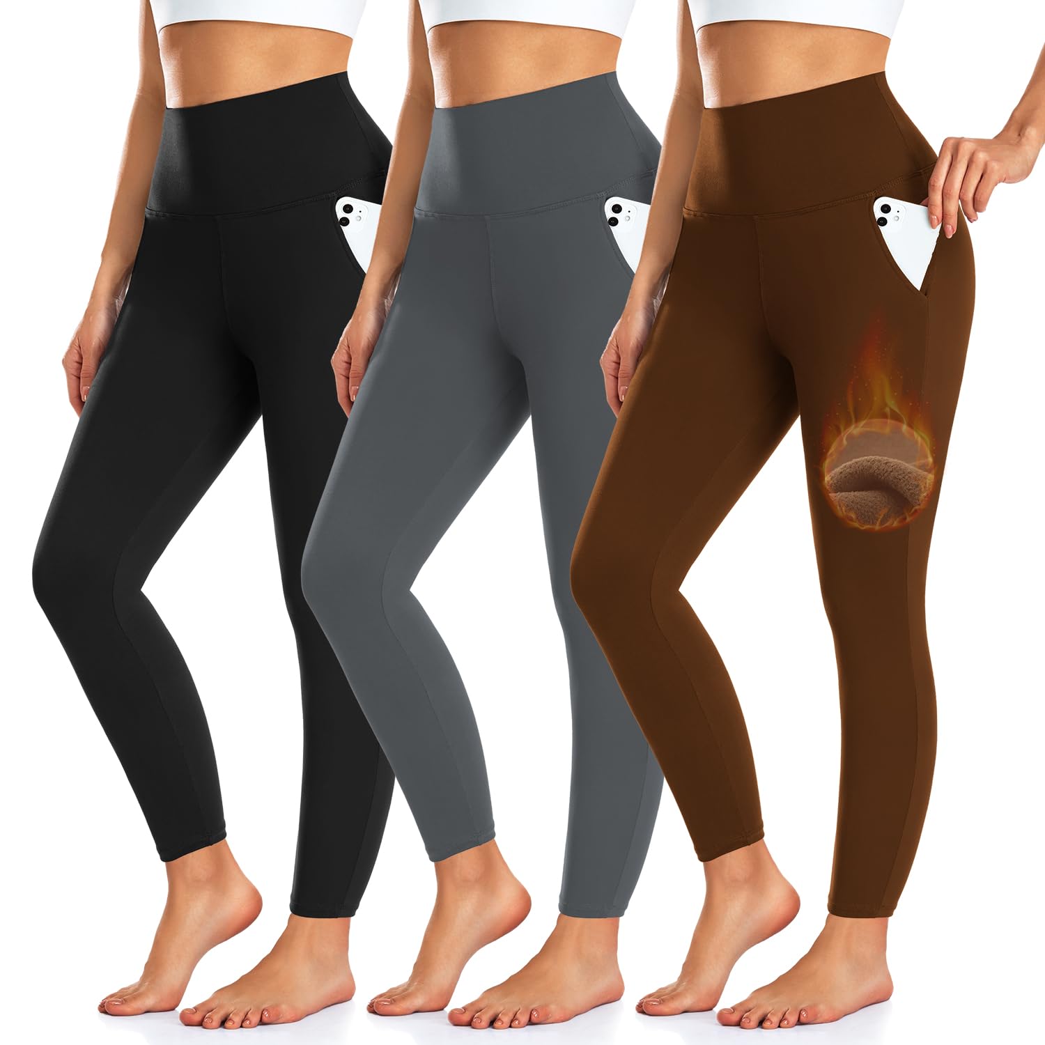 Photo 1 of 3 Pack Fleece Lined Leggings Women with Pockets -Warm Winter Yoga Pants for Women Thermal Running Workout Leggings