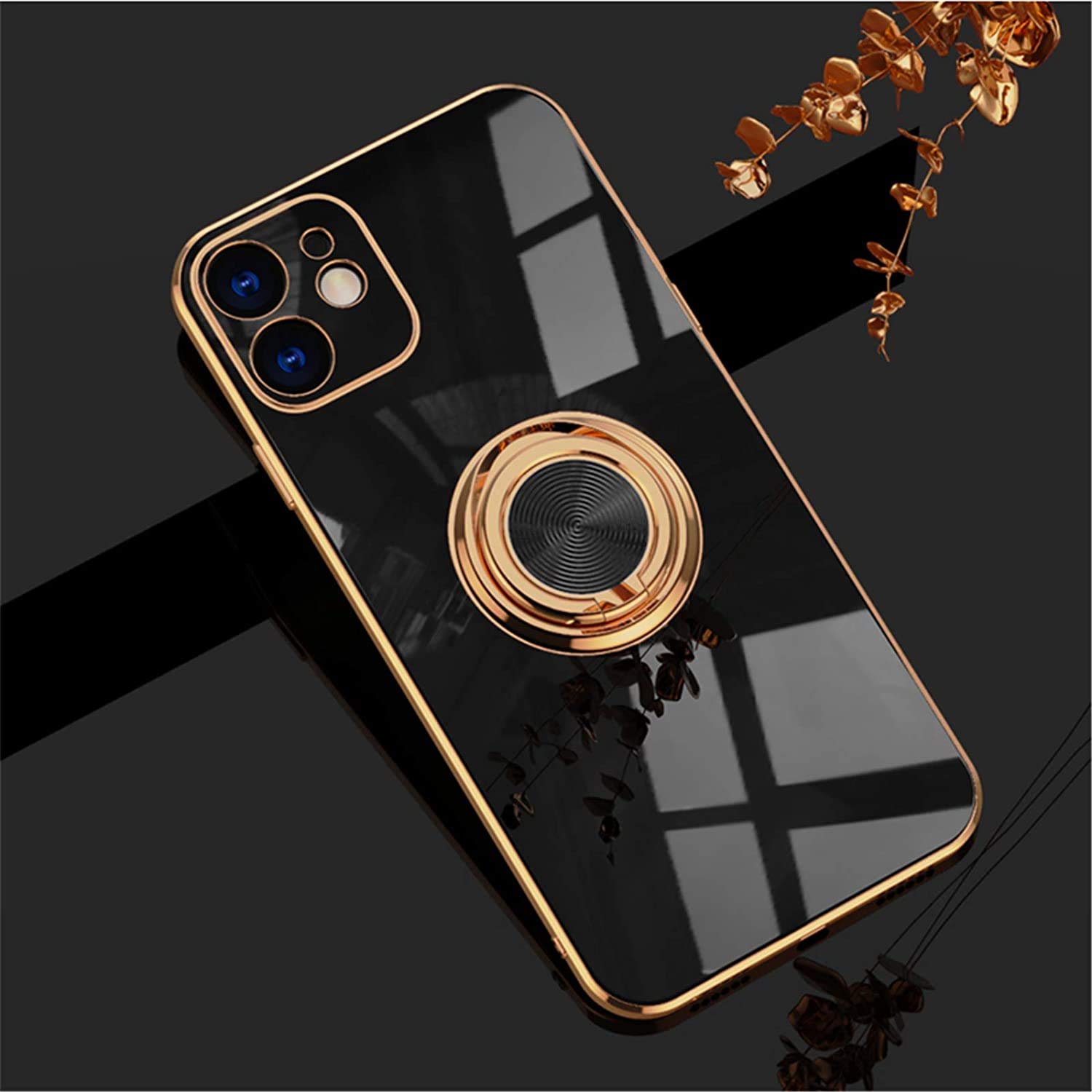 EYZUTAK Electroplated Magnetic Ring Holder Case, 360 Degree with Rotation Metal Finger Ring Holder Magnet Car Holder Soft Silicone Shockproof Cover for iPhone 12 6.1 inch - Black — image 1