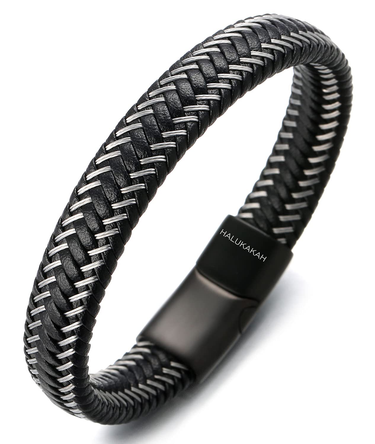 HALUKAKAH Plus ● Jazz ● Men's Genuine Leather Bracelet Titanium Magnetic Clasp Size Adjustable 8.5"(21.5cm) with Free Giftbox (Gun Black 21.5cm — image 1