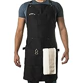 Asaya Chef and BBQ Apron with Bottle Opener and Hand Towel - 10oz Cotton Canvas, Stainless Steel Hardware - Cross Back Straps