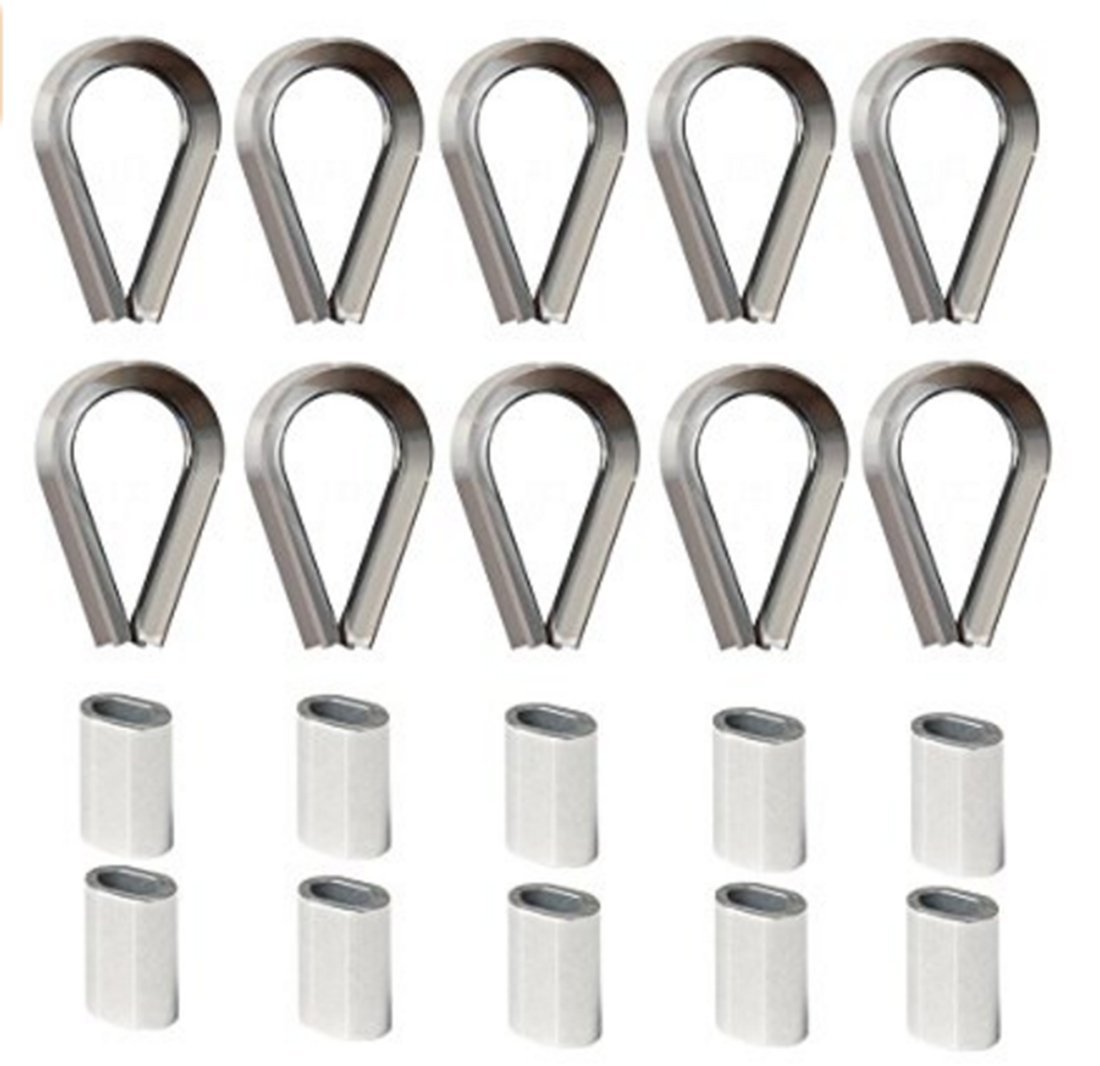 VEDA 10 x 4mm stainless steel wire rope thimble Rigging 4mm AISI 316, V4A + 10x Wire Rope Swage Clip M4 Oval Aluminum Sleeves Clamps