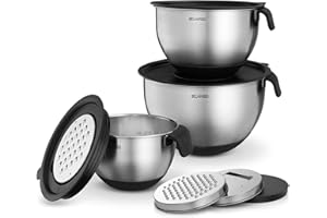 Belwares Mixing Bowls with Lids Set - Nesting Bowls with Graters, Handle, Pour Spout, Airtight Lids - Stainless Steel Non-Slip Mixing Bowl for Cooking, Baking, Prepping, Food Storage (Set of 3)