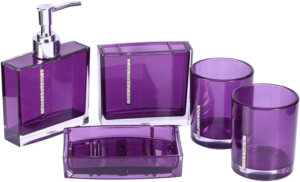 Yosoo 5Pcs Bathroom Acrylic Accessory Set Lotion Bottle, Toothbrush Holder, Toothbrush Mug, Soap Dish Four Colors (Purple)