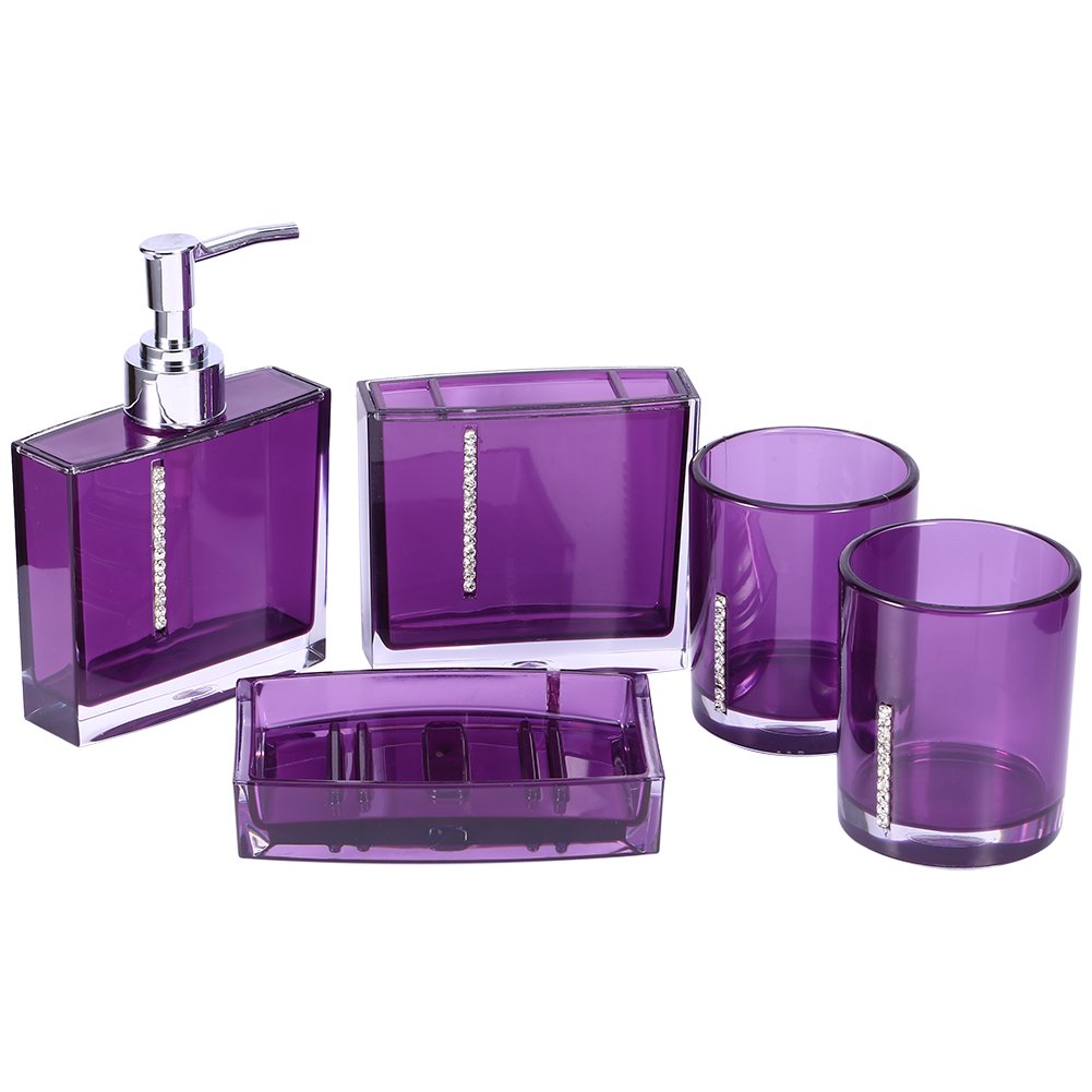Yosoo 5Pcs Bathroom Acrylic Accessory Set Lotion Bottle, Toothbrush Holder, Toothbrush Mug, Soap Dish Four Colors (Purple)
