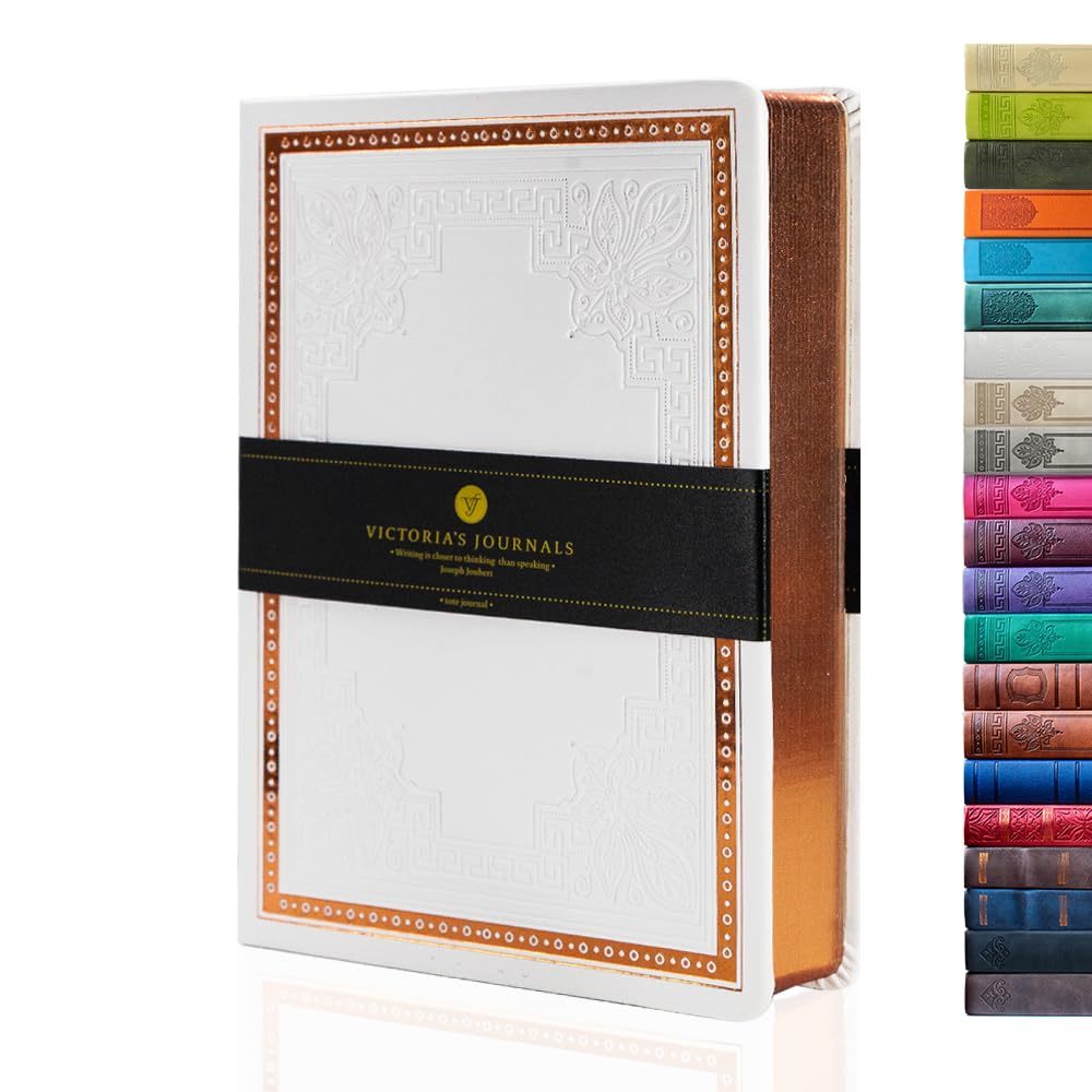 VICTORIA'S JOURNALS Leatherette Vintage Journal Hard Cover Lined Notebook Old Looking Travel Diary, A5 Size 5.7'' x 8.1'', ONB0042, White — image 1