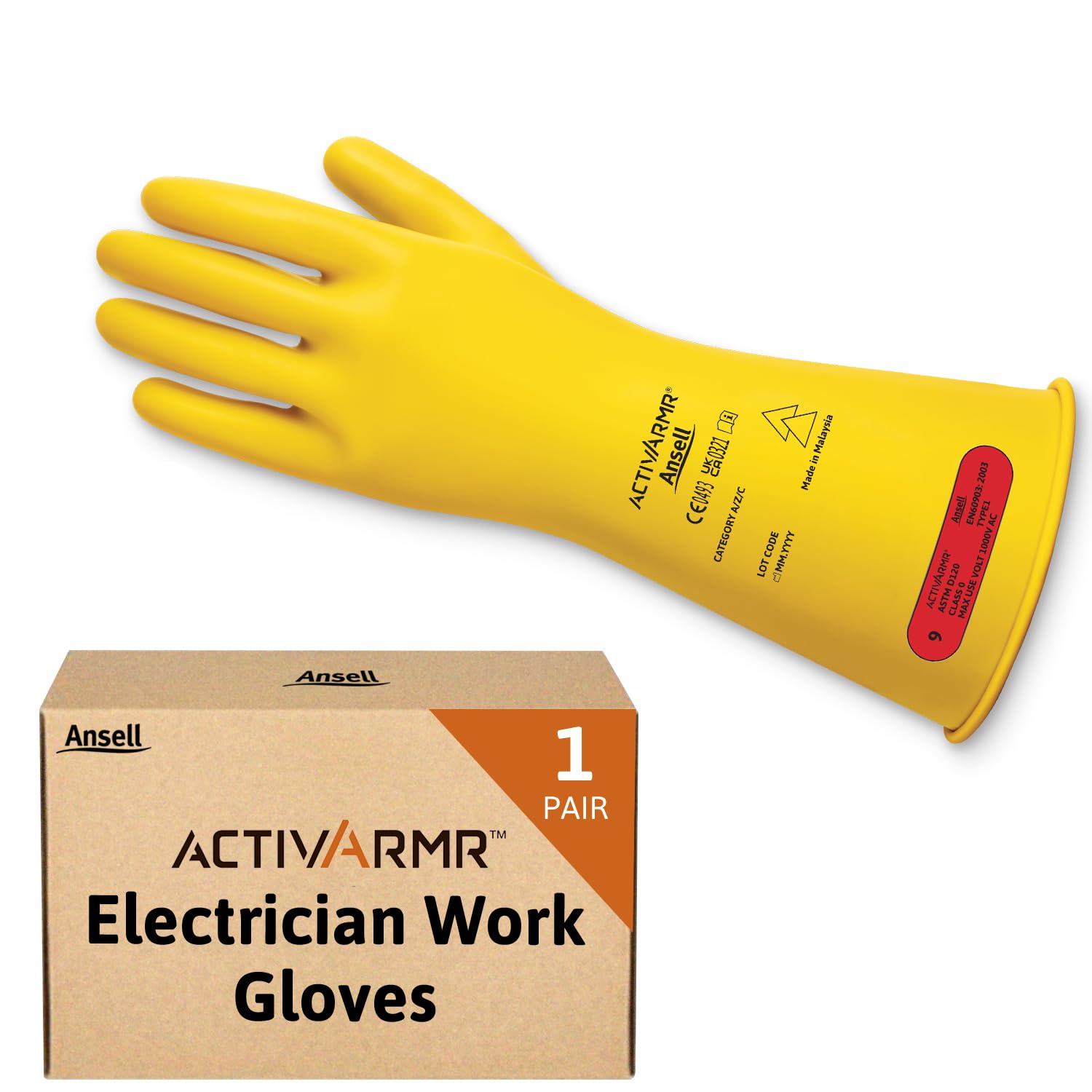 Ansell ActivArmr Electrician Work Gloves, Electrical Protection Class 0 (1000V), Insulating Natural Rubber Latex Gloves, Industrial Safety PPE, 14 Inches, Yellow, Size XL (1 Pair)