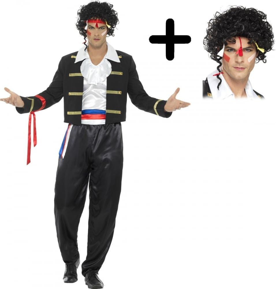 80's New Romantic + Wig Mens Fancy Dress Adam Ant Celebrity 1980s Adults Costume (XL 46"-48" Chest)