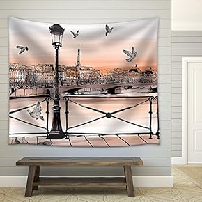 Vector - Sunset on Seine River from Pont Des Arts in Paris - Vector Illustration - Fabric Wall Tapestry Home Decor - 51x60 inches