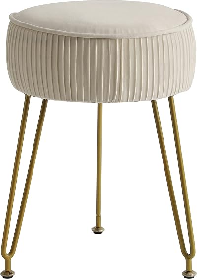 IBUYKE Velvet Round Vanity Stool Cream Gold Steel Legs 46 cm High