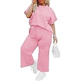 Imily Bela Womens Plus Size 2 Piece Sets Summer Vacation Outfits Short Sleeve Tops and Wide Leg Pants Matching Lounge Set