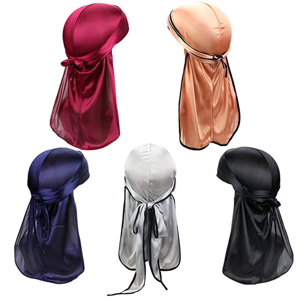 Durag 5 Pcs - Silk Durags for Men Women, Silky 360 Wave Cap Mens Pirate Bandana, Satin Durag Cap Head Bandanas Turban Hair Bandana Headwraps with Extra Long Tail and Wide Straps