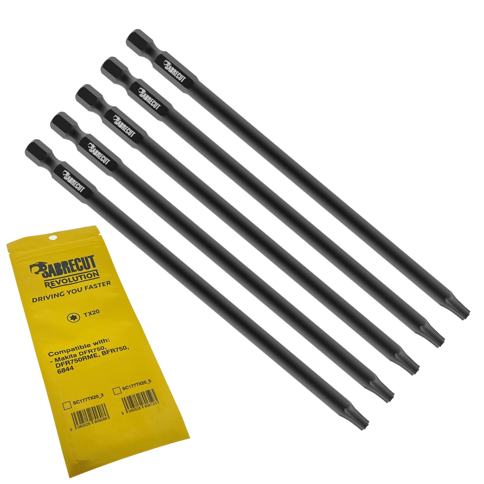 5 x SabreCut SC177TX20_5 177mm TX20 Compatible with Makita DFR750 DFR750RME BFR750 6844 Autofeed Collated Drywall Screwdriver Gun Bit Single Ended Torx No.20 Heavy Duty