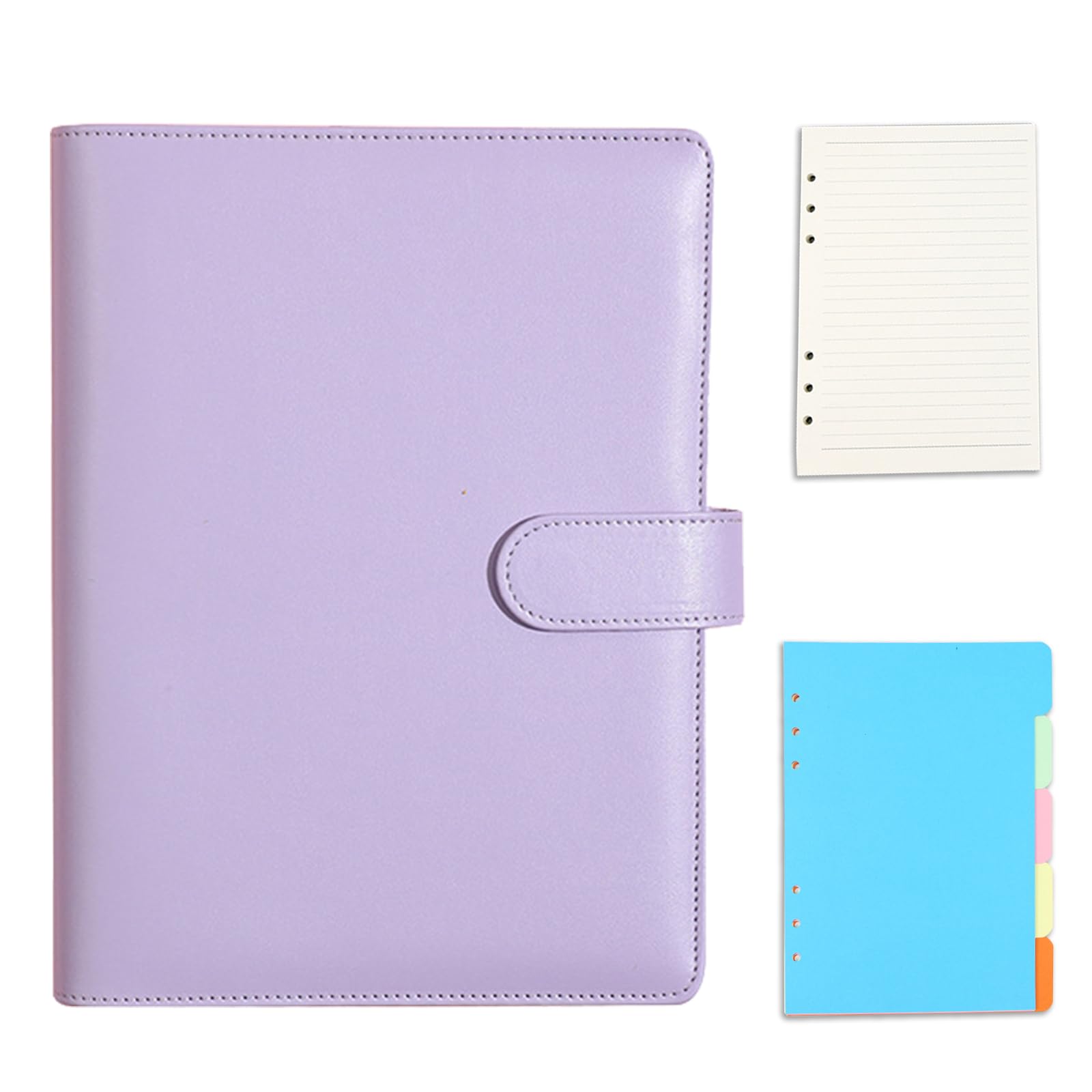 A5 Ring Binder, 6 Ring PU Leather Loose Leaf Notebook Planner Notebook Cover with 45 Sheets A5 Lined Paper, Binder Dividers for School Office Meetings Purple