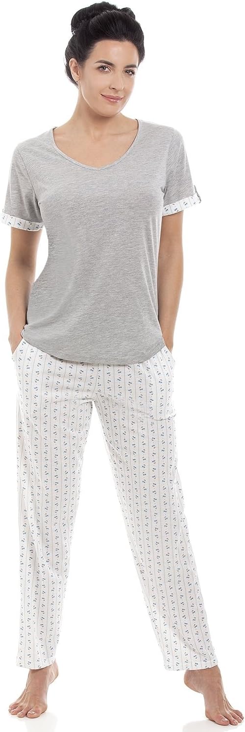 Ladies Grey Cotton Blend Short Sleeve Full Length Pyjama Set