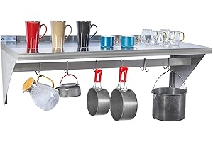 HALLY SINKS & TABLES H HALLY Stainless Steel Shelf with 6 Hooks 18" x 48" Wall Mounted Pot Rack 400lb, NSF Commercial Floating Shelving for Storage Hanging Pots, Pans, cookware in Restaurant, Kitchen, Home and Hotel