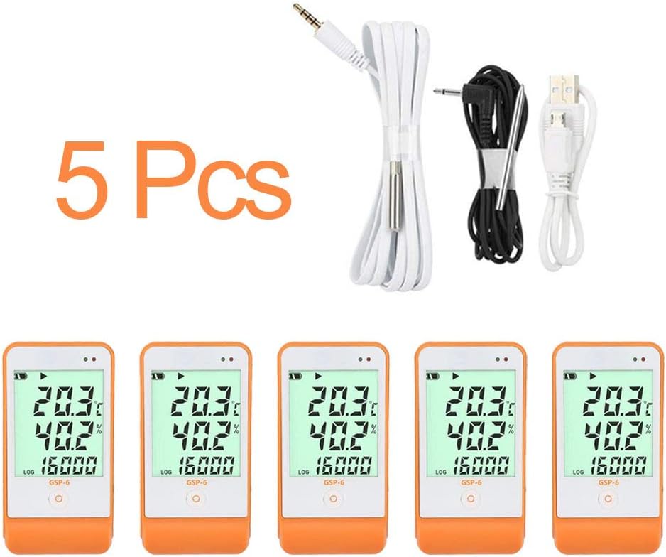 Temperature and Humidity Data Logger Reuseable Larger Display with Two Probes Recorder 16000 Points Refrigeration Cold Chain(Orange 5PCS)