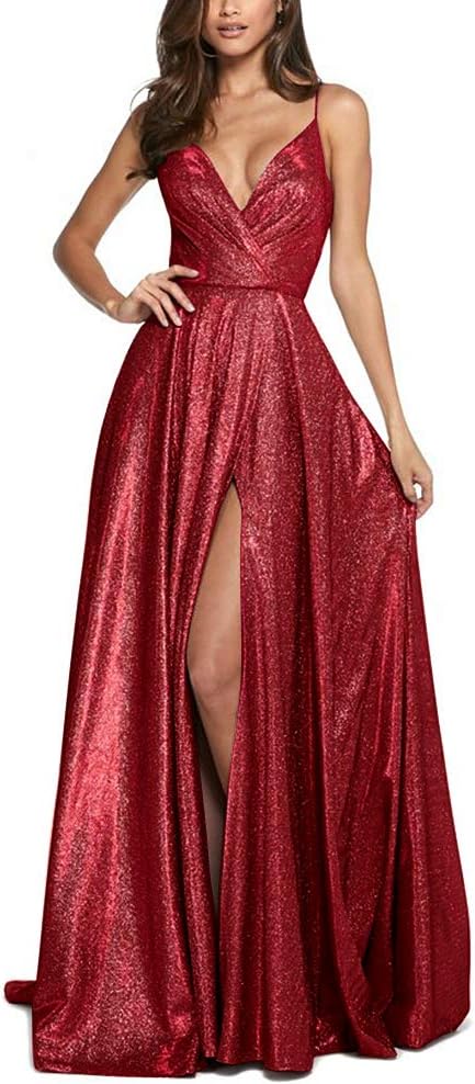 ALFEICE Women's Long Prom Dress V Neck Sparkling Evening Gown High Slit