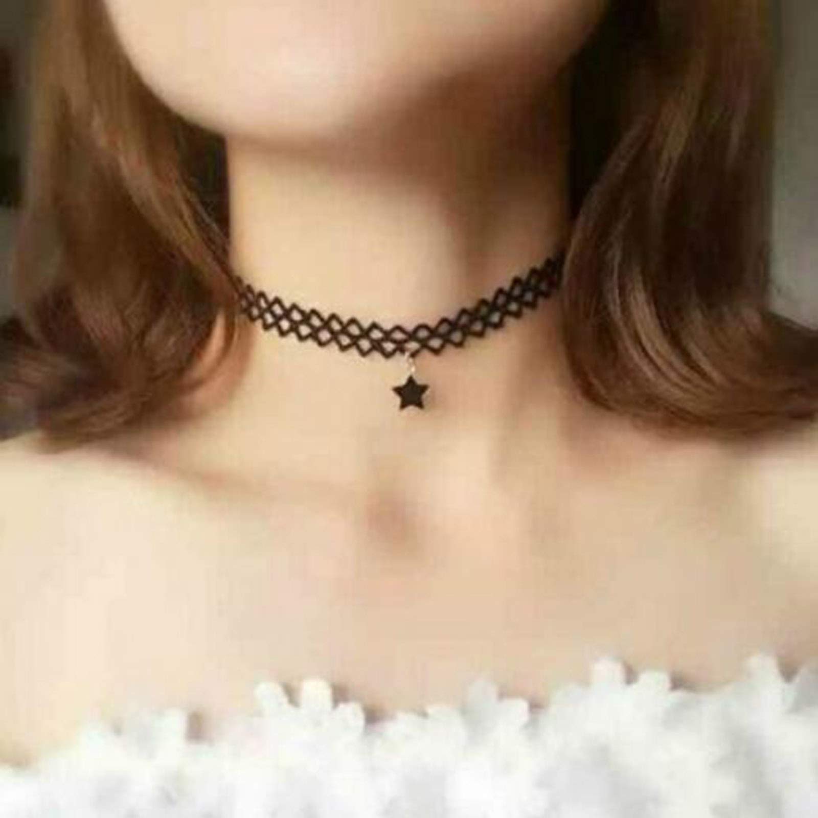 TseenYi Short Star Pendent Necklace Choker Black Elastic Necklace Boho Lace Necklace Chain Jewelry for Women and Girls