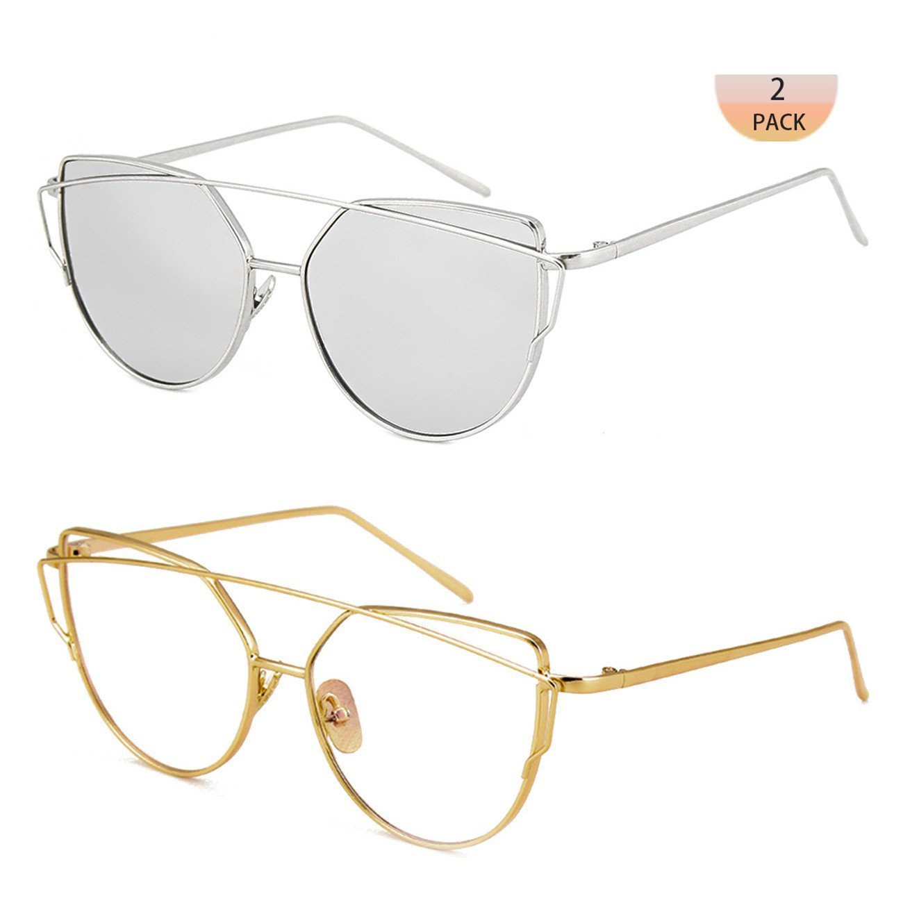 WISH CLUB Women Cat Eye Polarized Sunglasses Mirrored Reflective Flat Wide Lenses Metal Frame UV 400 Glasses (silver1)